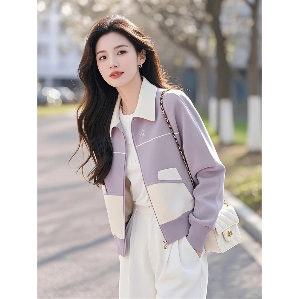 小香风洋气紫色短外套女春装2025新款韩版时尚百搭开衫拉链卫衣
