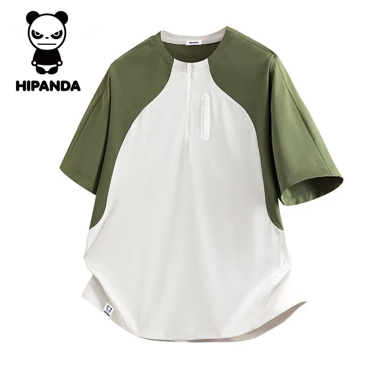 HiPanda你好熊猫男士夏季短袖T恤冰丝薄款撞色宽松潮流五分袖上衣