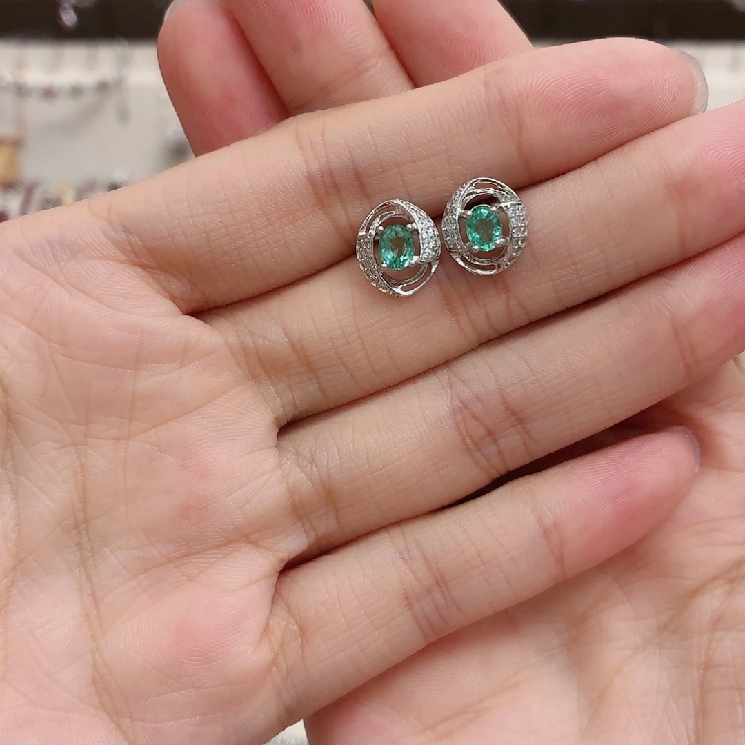 耳饰银S925镶嵌祖母绿