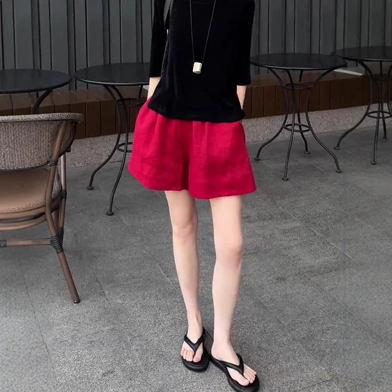 红色休闲亚麻短裤女夏季2025流行新款高腰时尚百搭显瘦a字阔腿裤