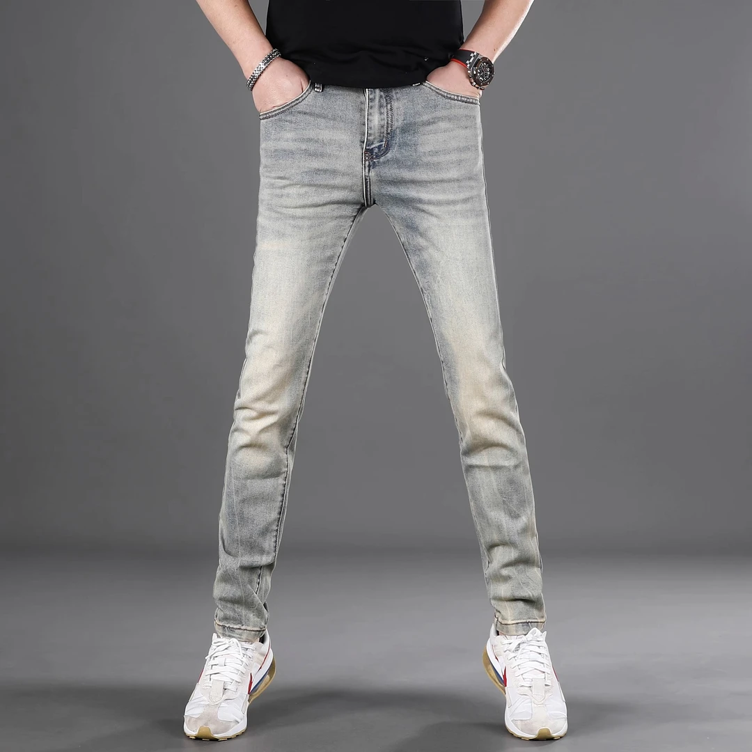 西特蒙恩复古男士牛仔裤新款秋季薄款修身小脚潮牌弹力休闲长裤男
