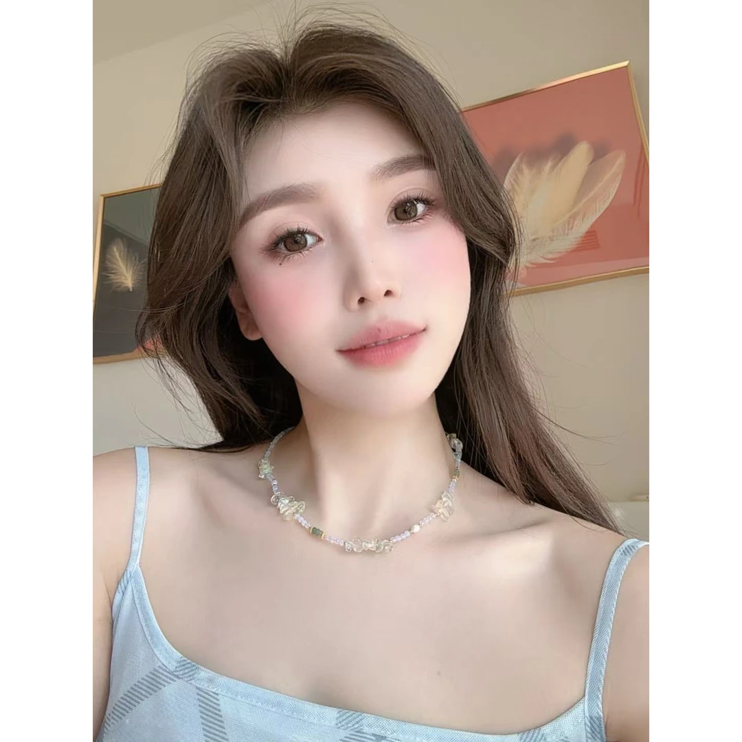 铜合金石英石项链 清新文艺风彩色水晶项链女锁骨链XL10150141