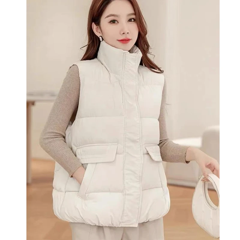 简约纯色立领棉马甲外套宽松显瘦单排扣口袋时尚百搭马夹2463