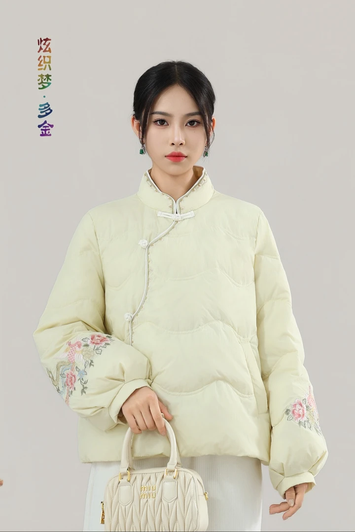炫织梦新中式国风刺绣盘扣短款羽绒服女2025冬季款斜襟羽绒服外套