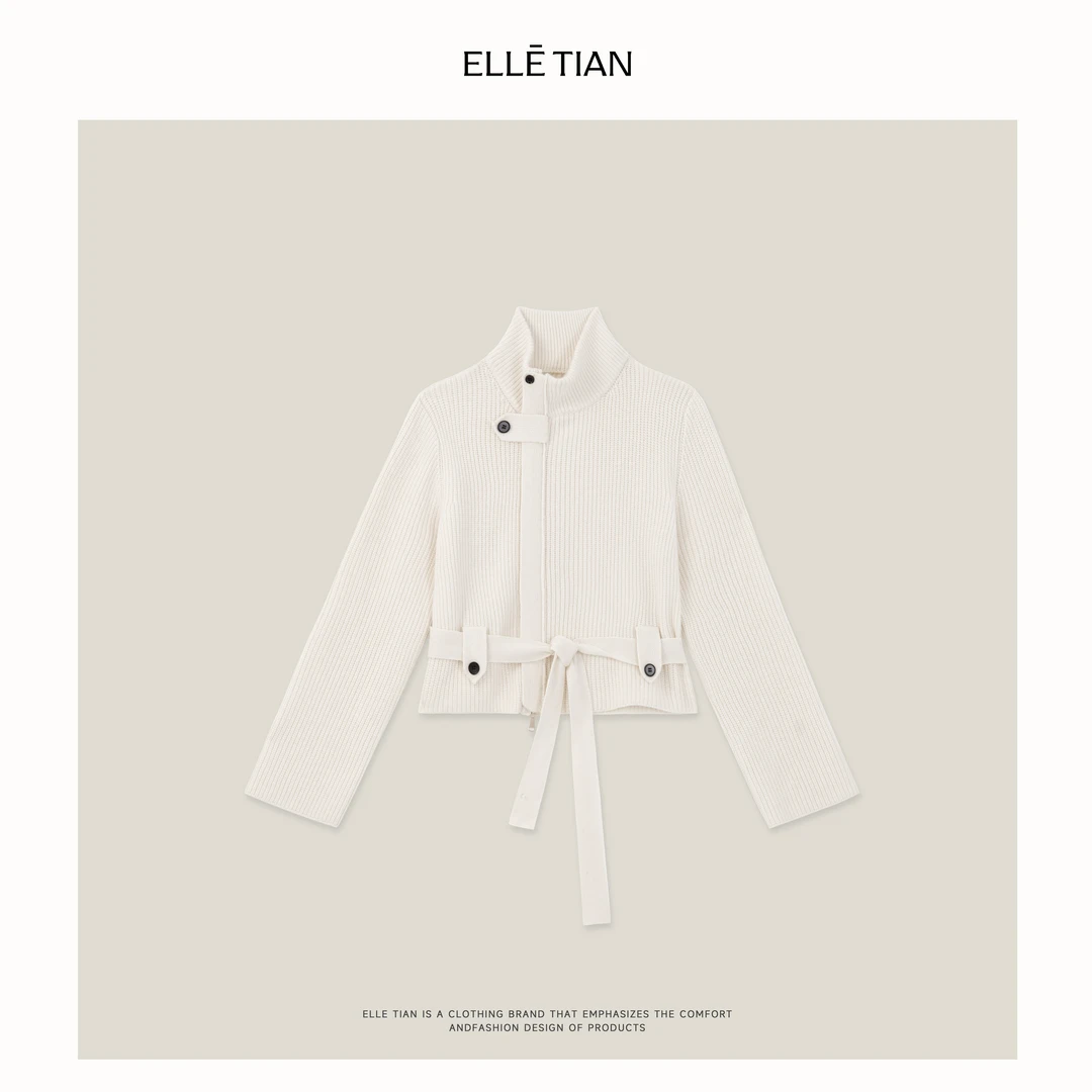 ELLETIAN "纯粹"100绵羊毛 时髦系带高领毛衣外套EADM024