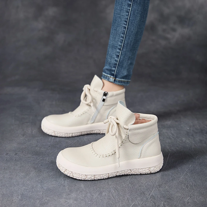 真皮软底复古百搭休闲秋冬女靴圆头舒适时尚短靴 2024 年秋季头层