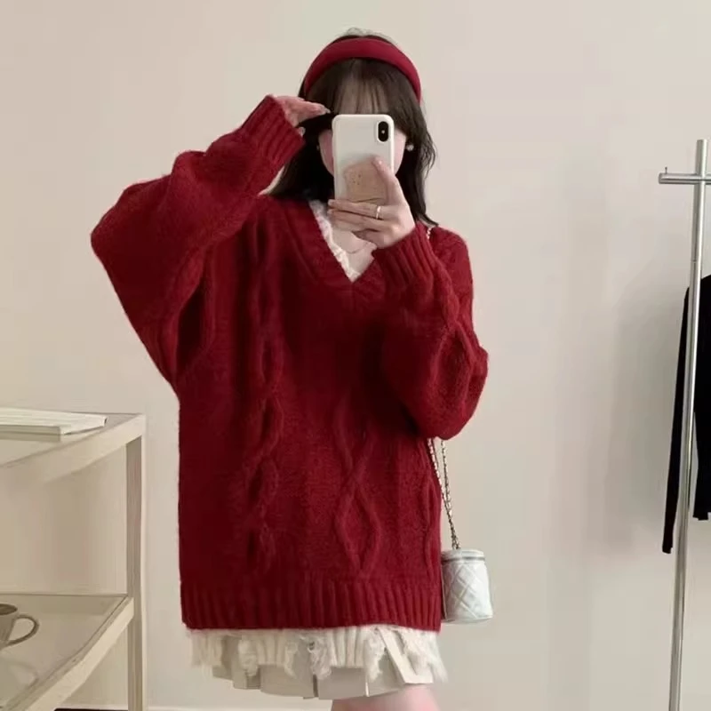 大码胖MM麻花V领红色毛衣女春秋慵懒风宽松显瘦遮肉针织打底上衣