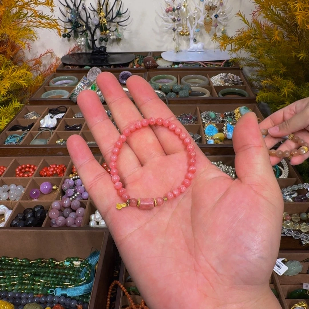 菱锰矿（红纹石）银S925镀金镶嵌手链精品福利天然红纹石设计款