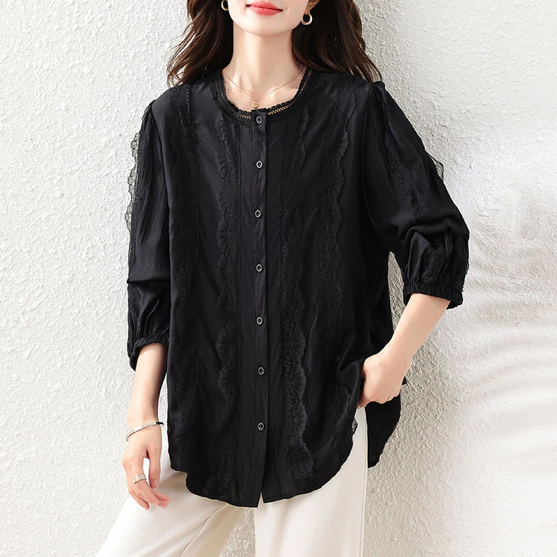黑色圆领衬衫女2025新款宽松显瘦时尚简约大码高级感休闲打底上衣