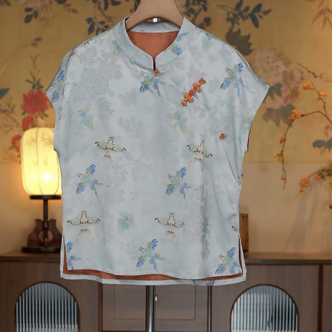 新中式透气立领常规提花短袖T恤时尚夏季长款赫本风