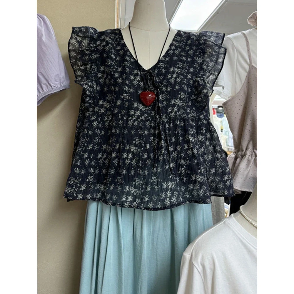 2025年夏季新款短款碎花衬衫女生漂亮小衫无袖轻奢高级感雪纺上衣