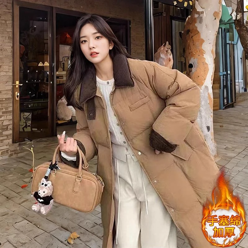 高级感时尚中长款棉服女2025年冬季新款拼接加厚保暖宽松显瘦外套