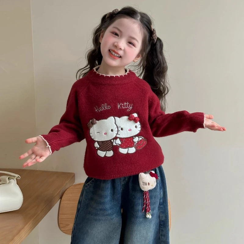 女童毛衣加厚秋冬款2025新款儿童冬装女宝宝拜年红色过年服打底衫