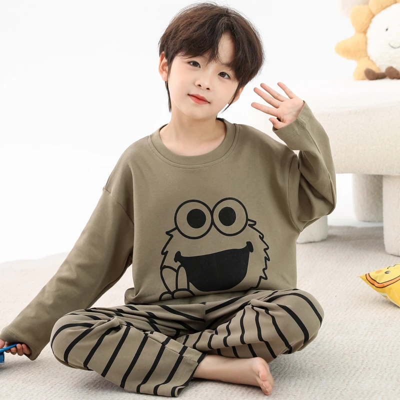 睡衣男童初中生青少年秋季纯棉长袖条纹笑脸大童儿童宝宝家居服