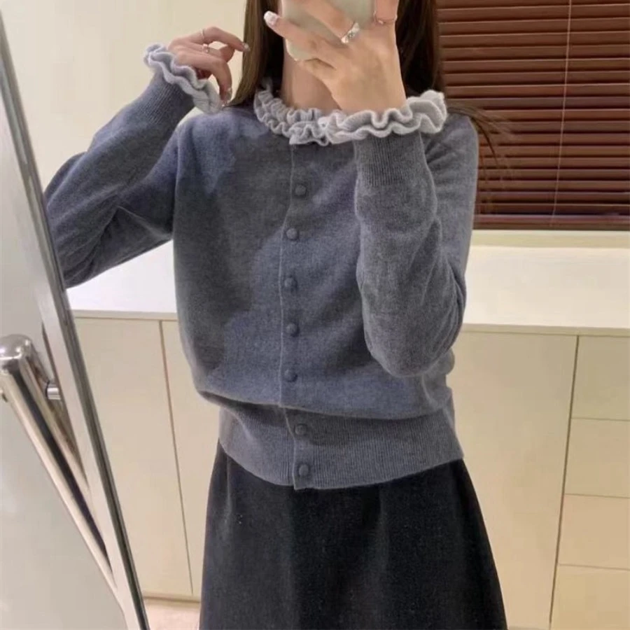 常规款针织人字纹短款圆领衫气质娃娃领时尚开衫毛衣
