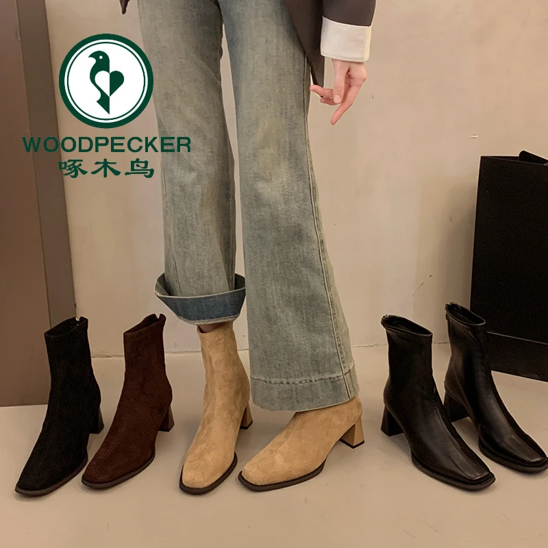 啄木鸟韩系小踝靴绒面马丁靴女鞋2025新款春春秋季方头瘦瘦短靴子