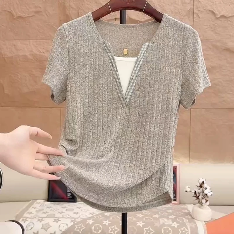 2025新款百搭显瘦收腰假两件时尚洋气修身短袖T恤LK2505400