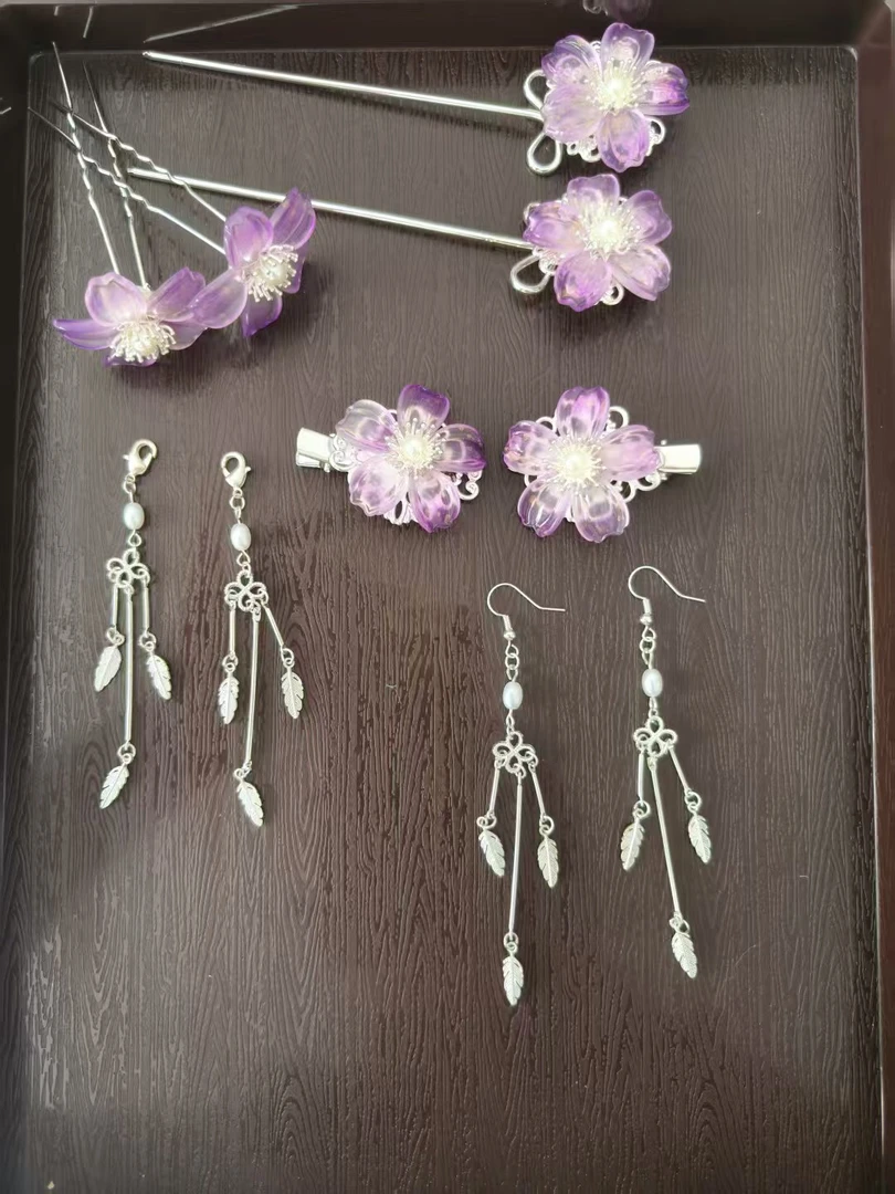 (紫色小花10件套)汉服头饰百搭平价日常发饰发夹发簪耳环套装