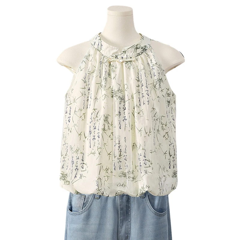 她池2025夏季新款女装时尚国风印花挂脖设计新中式衬衫T52Z1861C