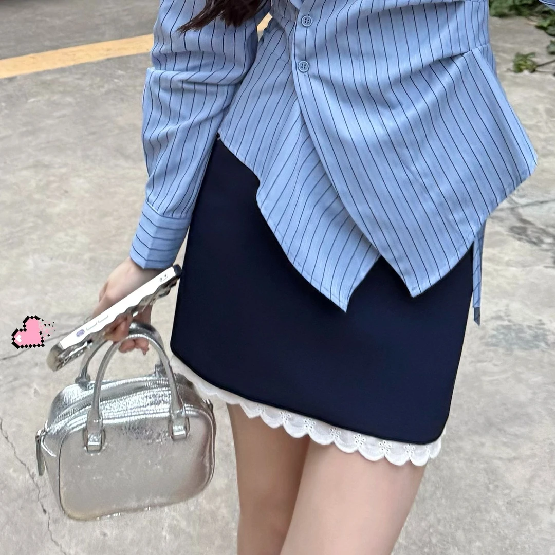 【大钱DAQIAN】甜欲因子 气质百搭设计感韩版半身裙拼接蕾丝