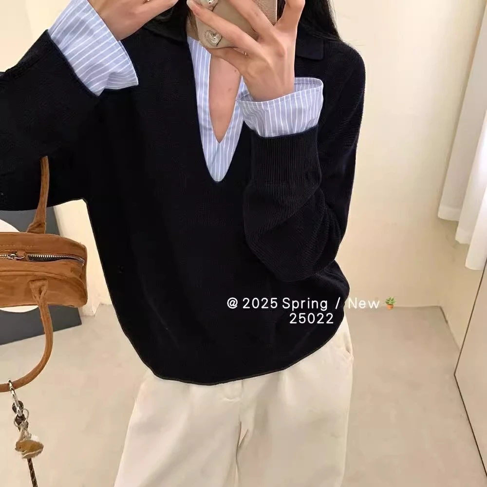 韩式条纹 拼接假两件长袖针织衫女秋冬新款设计感宽松显瘦V领上衣