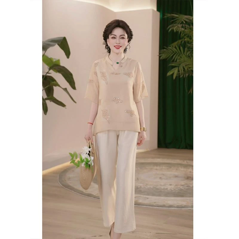 妈妈装2025夏季新款国风上衣洋气t恤衬衫中老年女装宽松小衫套装