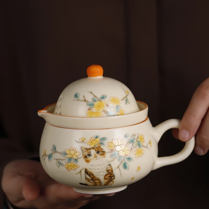 定窑茶咖杯便携茶具套装萌猫咪式功夫一壶一杯户外泡茶器水杯002