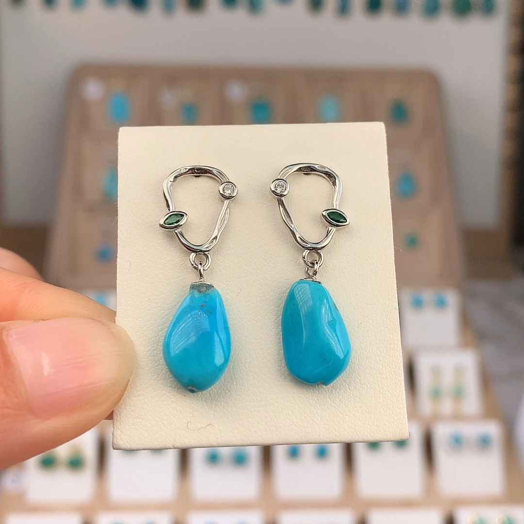 绿松石银S925镶嵌耳饰