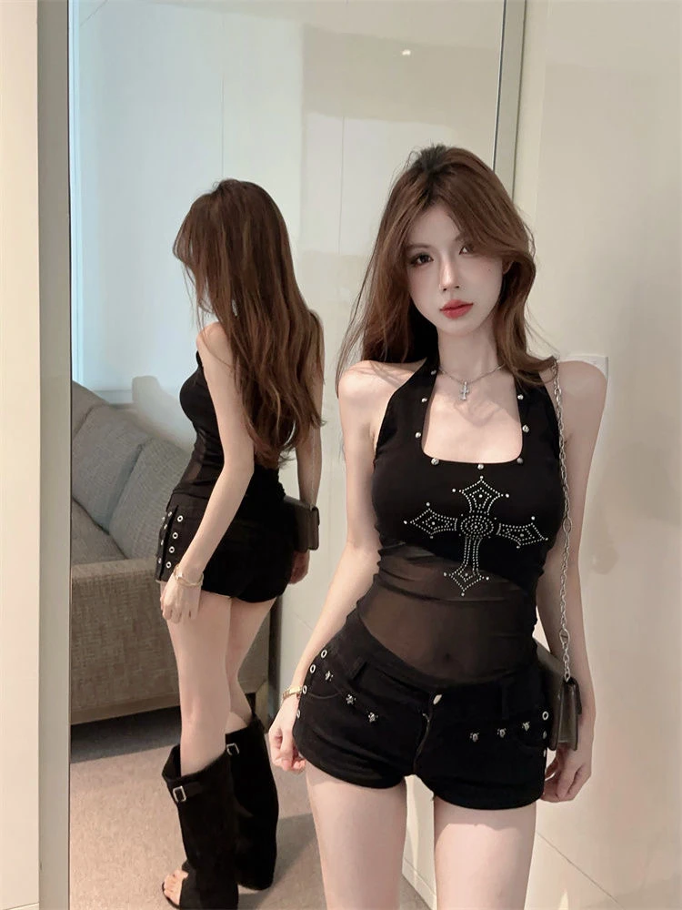 2025夏季新款迷人性感漏背显瘦V领挂脖拼接背心上衣女辣妹修身