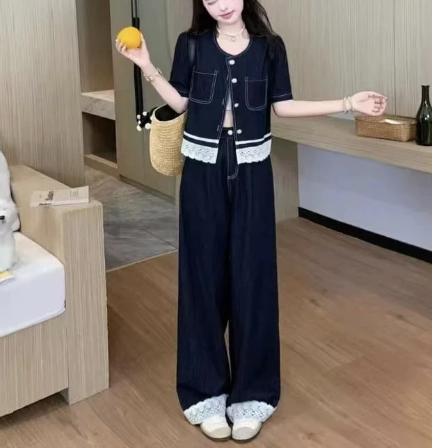 2556#蕾丝拼接牛仔阔腿裤套装女夏2025新款otd穿搭两件套韩系爆款