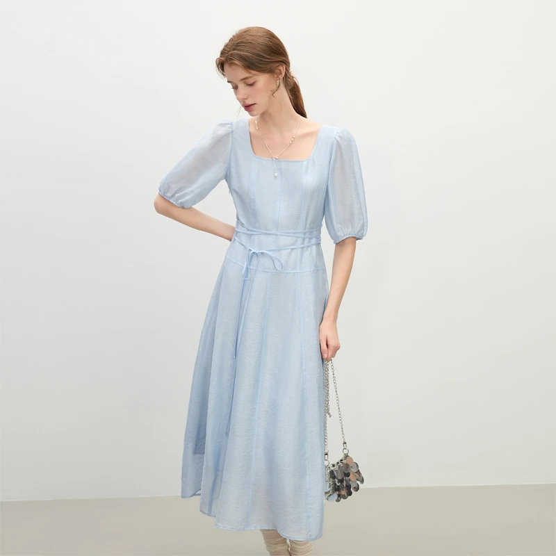 范思蓝恩方领法式连衣裙女2025夏装慵懒浪漫收腰A字裙子25FS12419