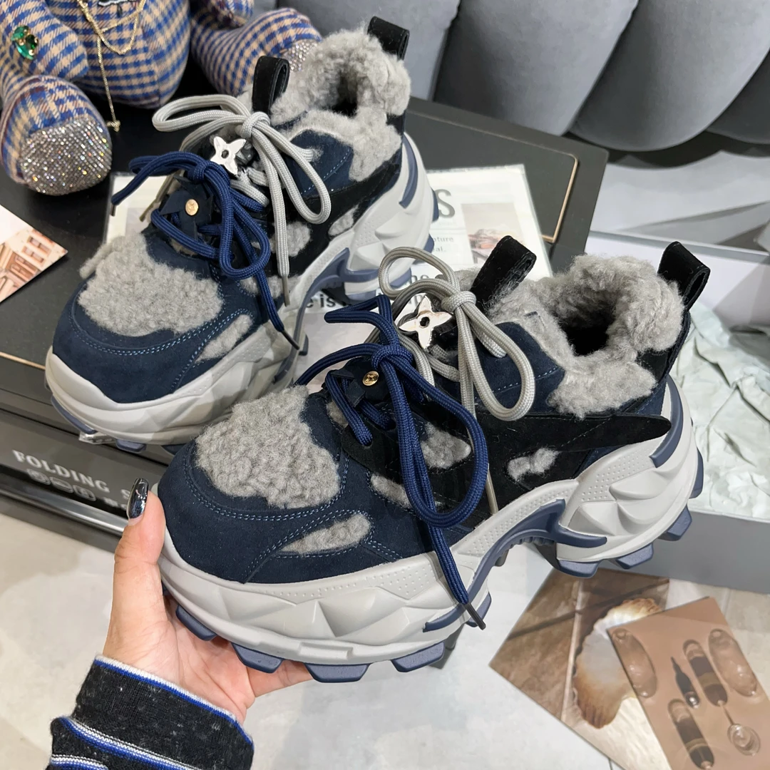 【小涵家】秋冬新款欧日韩小众织物配皮绒里保暖厚底【7cm】老爹鞋ins