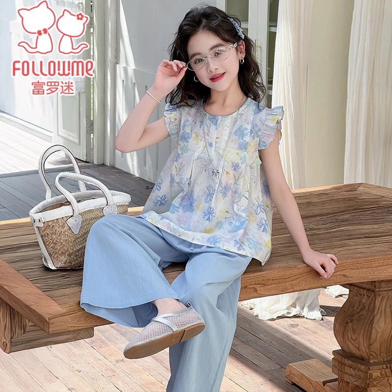 富罗迷女童2025夏季洋气宝宝法式碎花衣+阔腿休闲裤套装F5B7456T