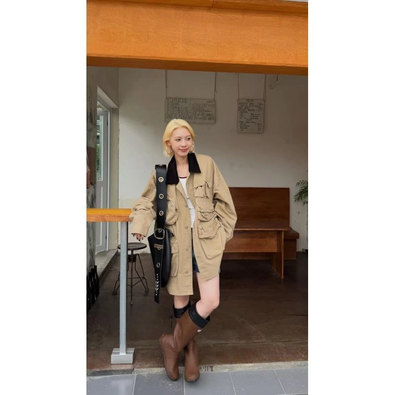 HELLOTANGO《巴恩学问》复古工装巴恩风多口袋显瘦垫肩外套65034#