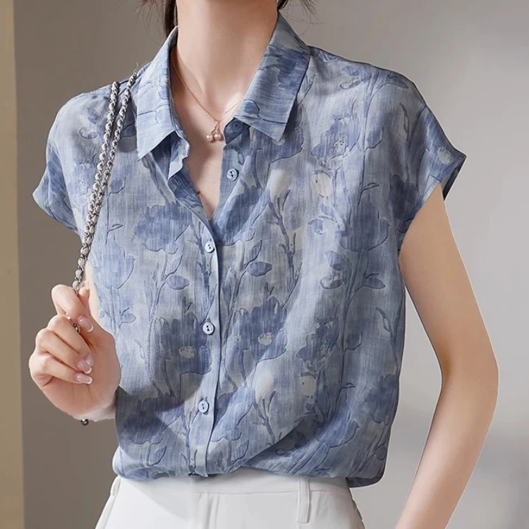 SS1629夏季新款时尚流行气质宽松清爽蓝色小众印花衬衫女上衣薄款