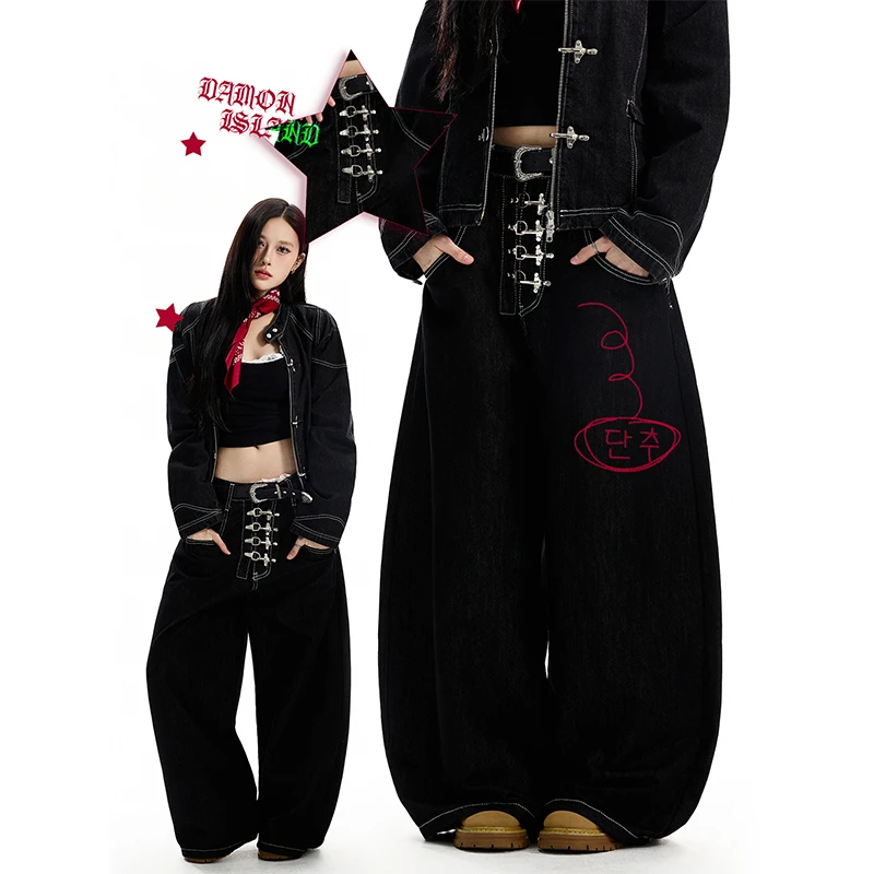 达蒙岛美式复古飞机扣原牛弯刀牛仔裤女小众高级感休闲长裤子潮