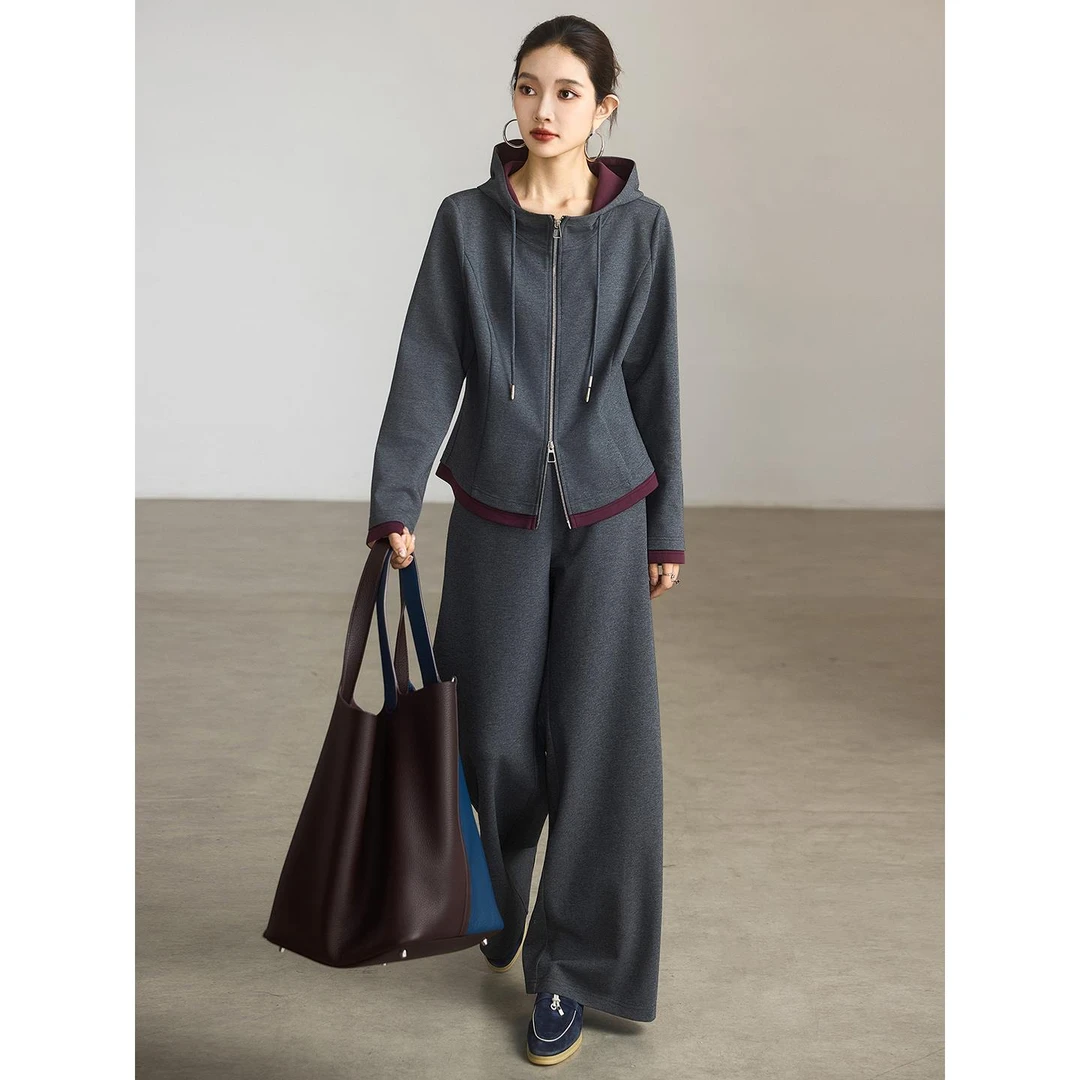 DUCURNO时尚休闲运动套装女秋冬新款连帽卫衣开衫阔腿裤两件套潮