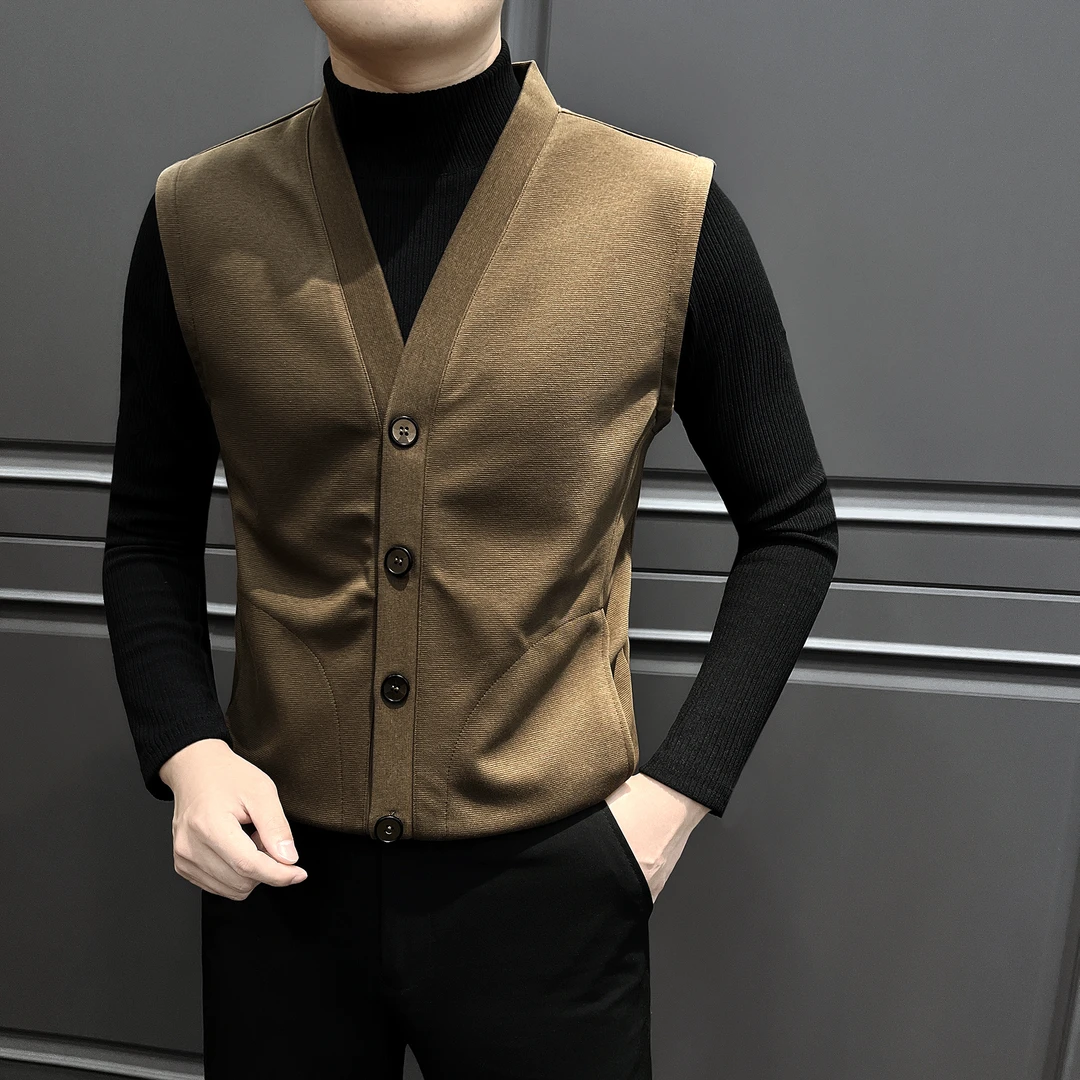 v领无袖男士背心秋季高级感商务休闲男装简约男款坎肩单马甲上衣