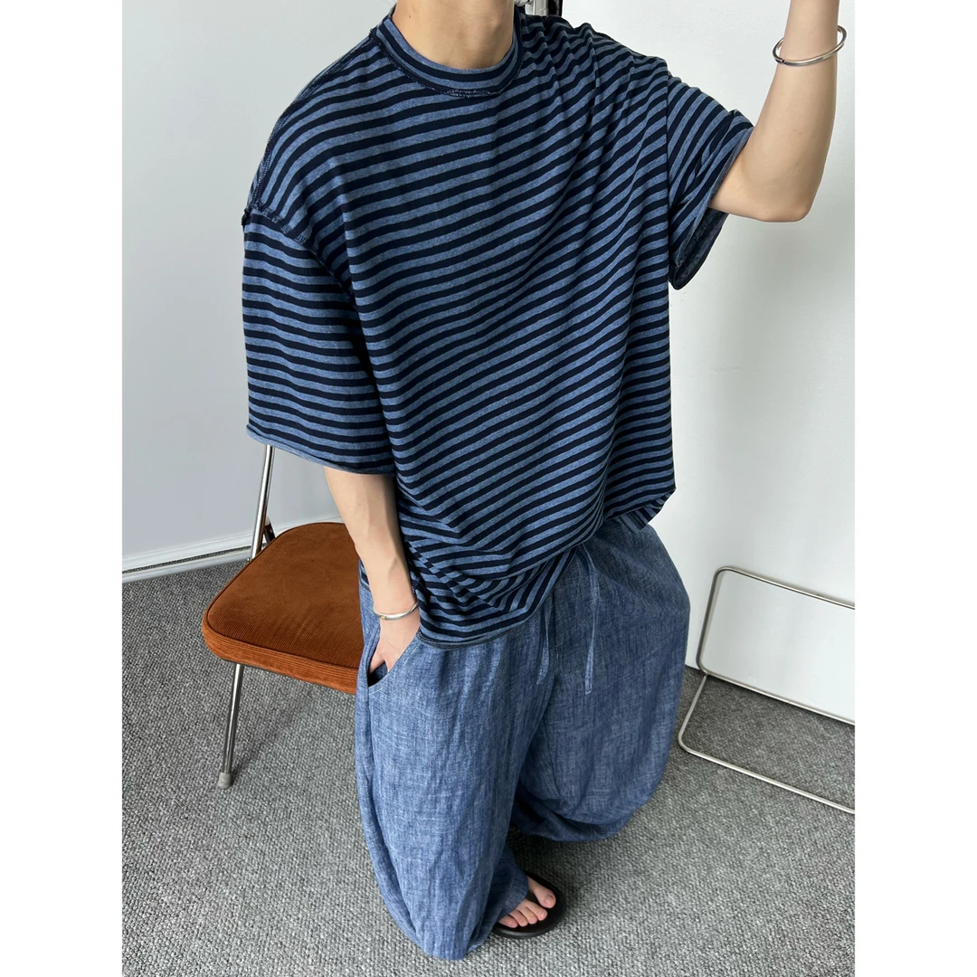 dannyandzee夏季复古街头宽松痞帅反做个性两面穿条纹短袖T恤758