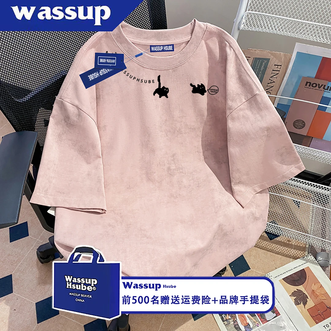 WASSUP HSUBE潮牌小猫字母印花扎染色纯棉短袖T恤男女款百搭上衣