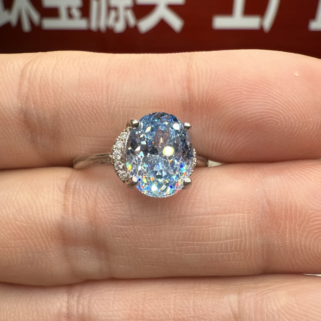 海蓝宝半镶S925银开口女戒011