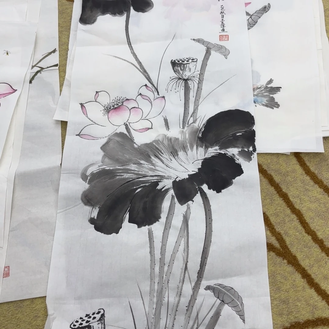 国画三尺对开花鸟童