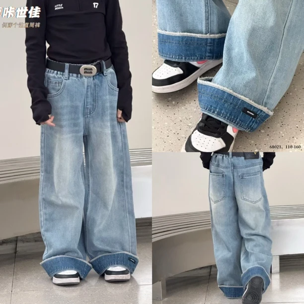 女童春季牛仔裤68021洋气直筒阔腿裤显瘦百搭2穿裤腿高街显腿长裤