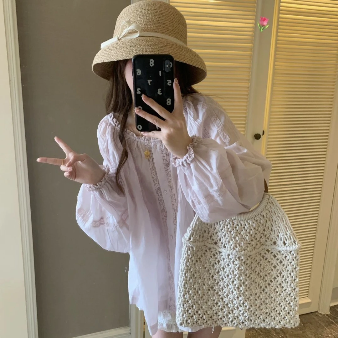 飘逸设计感蕾丝拼接长袖防晒衬衫上衣女夏季绝美宽松百搭小衫时尚