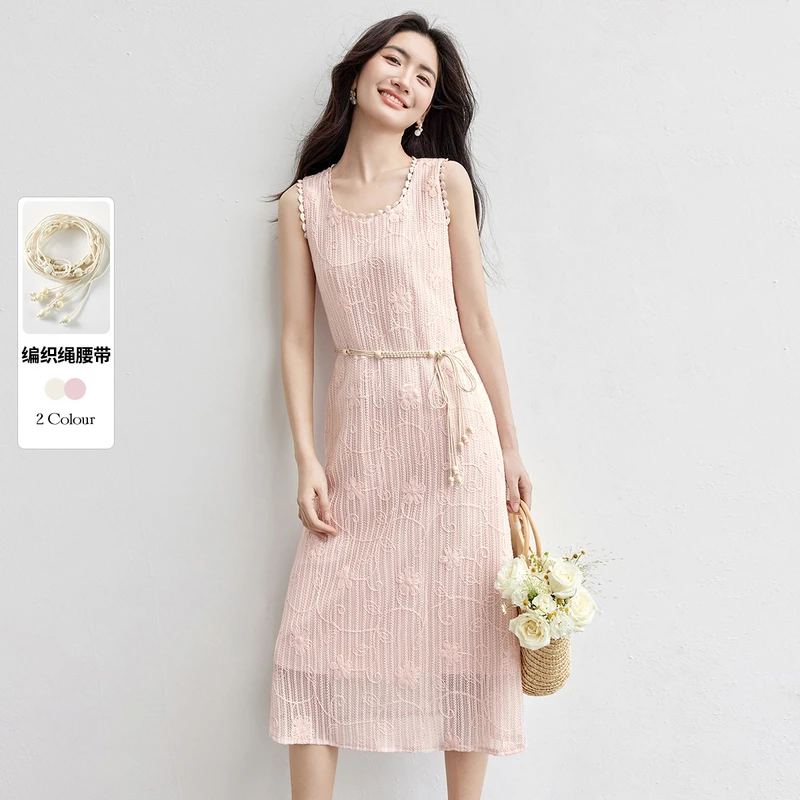 【3D钩花】都市度假风浪漫立体钩花镂空爱心边U领针织连衣裙P1677