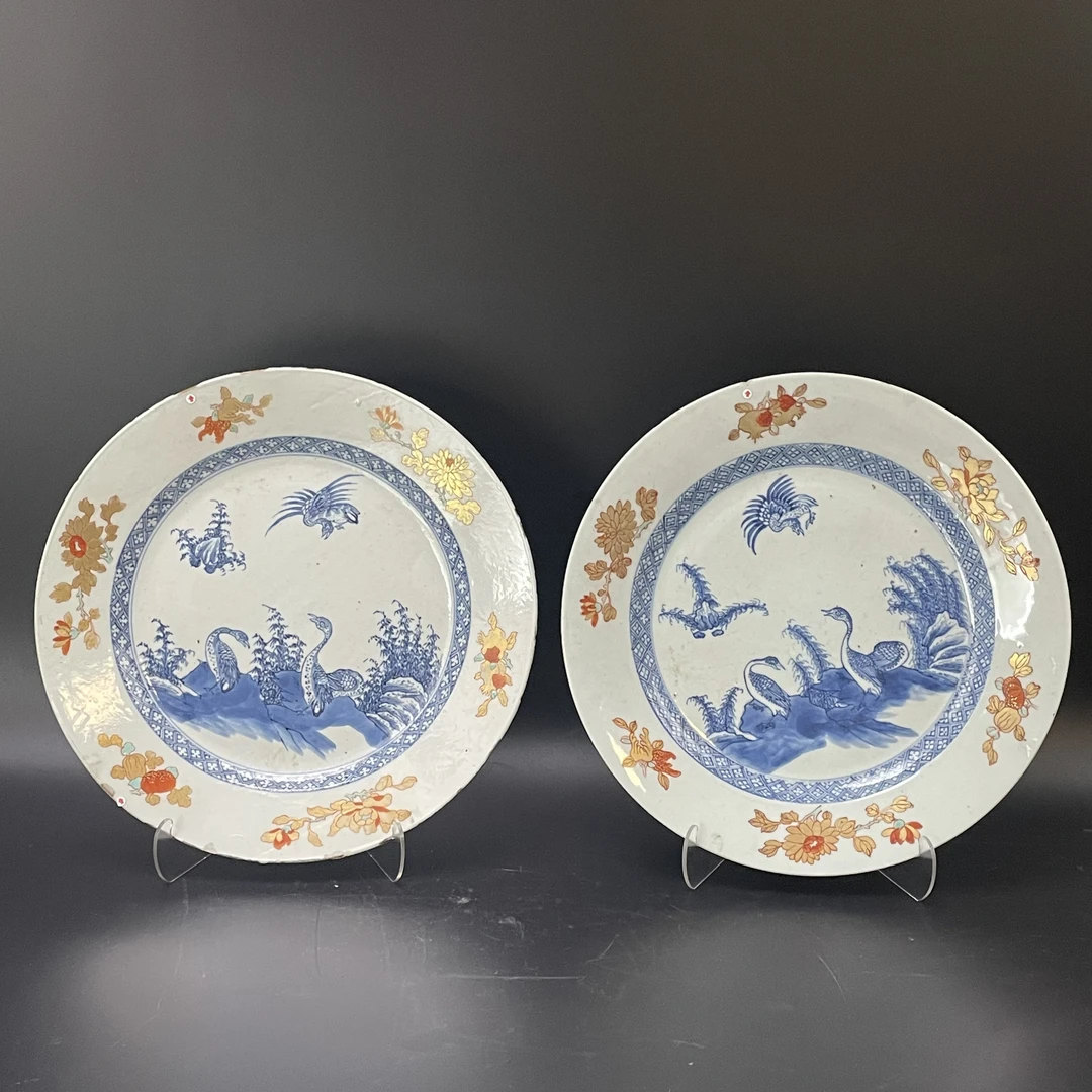 25121326-25121327清乾隆青花矾红描金芦雁图折腰赏盘（两只）