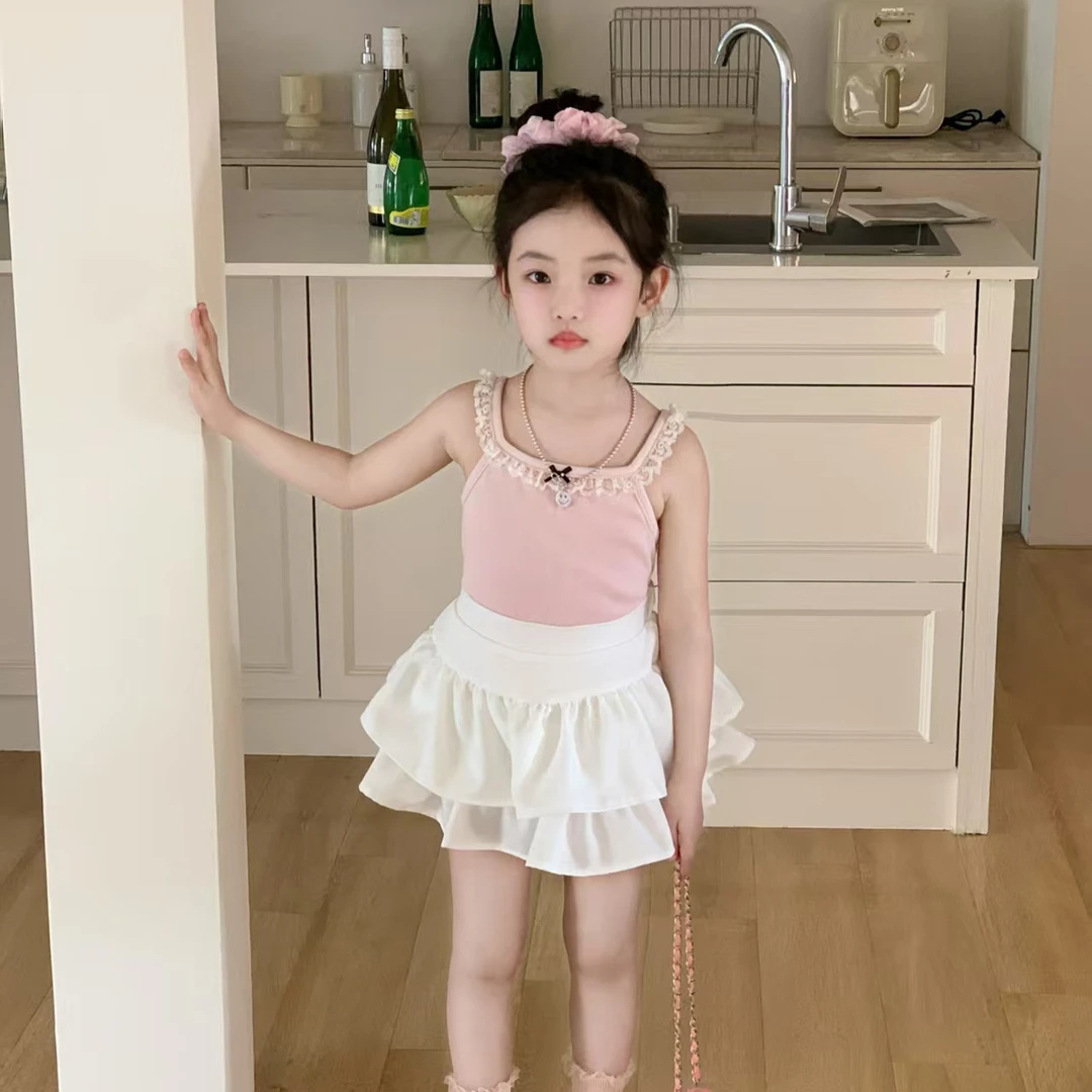 童装女童夏季新款洋气花边吊带背心套装+白色蛋糕短裙