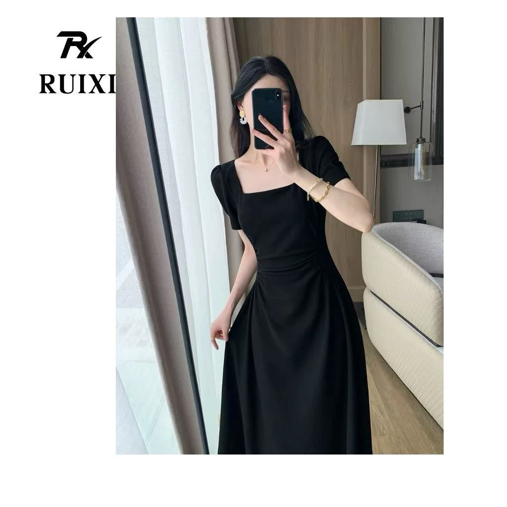 【芮禧优选】法式温柔风气质方领连衣裙夏新款mm收腰遮肚长裙