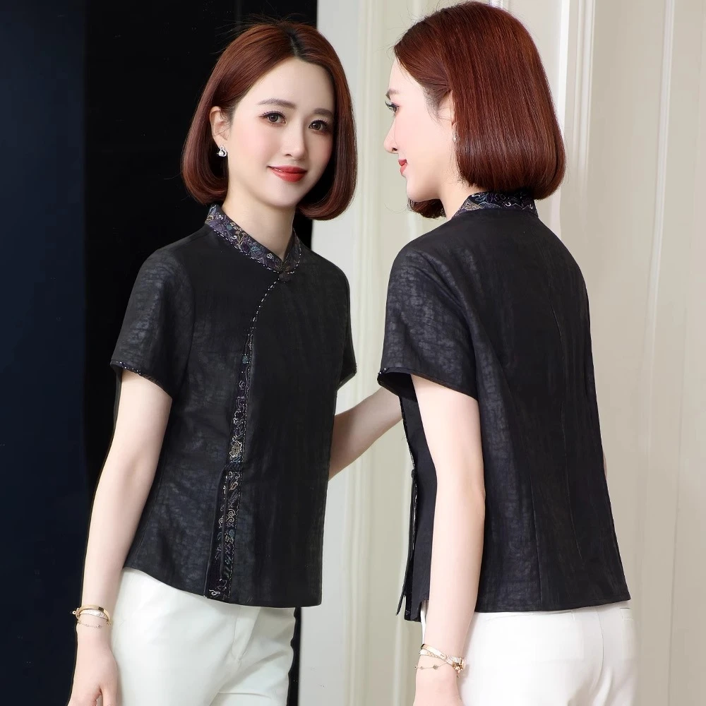 香云纱妈妈装时尚短袖上衣女洋气新款夏中老年妈妈绣花真丝桑蚕丝