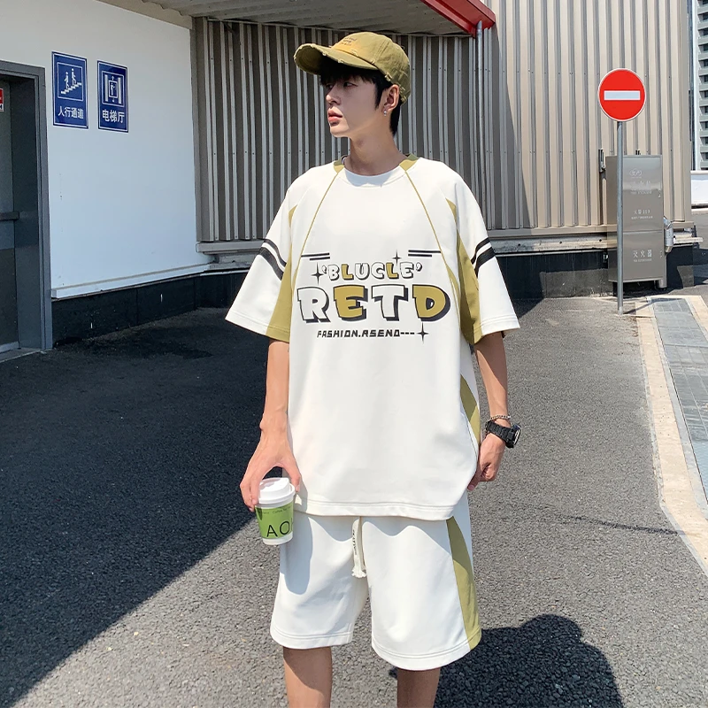 2025夏季新款青少年时尚圆领短袖短裤套装男宽松拼接潮牌时尚套装